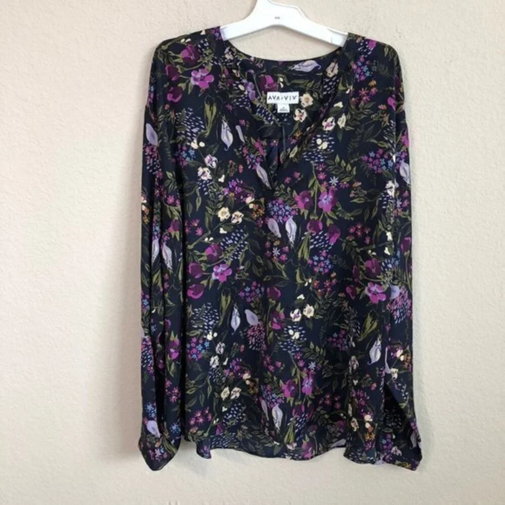 Ava & Viv Blouse Black Purple Floral Top Trendy